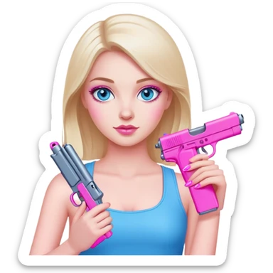 White Girl hand pink nails holding pink gun with blue eyes sticker