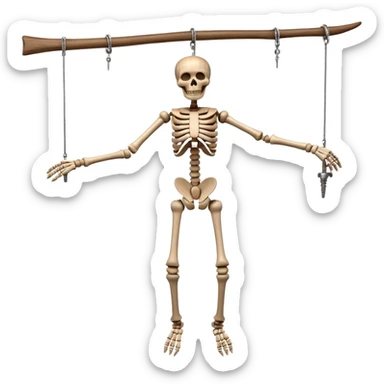 3D render of Skeleton Marionette as a wooden marionette puppet, Wooden bones, hanging loose, silver metal screw joints at elbows and knees, polished brown wood texture, rigid toy pose, Apple emoji style, isolated on white background --v 6.0. sticker