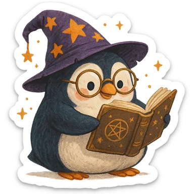 chubby penguin wizard with glasses, reading a spellbook, whimsical and playful style sticker