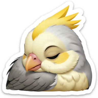 Meme-Worthy Cute Sleeping Cockatiel Portrait Emoji, Head resting peacefully with a contented smile, showcasing a delicate, slender build and a luxuriously soft grey fur with gentle yellow accents, eyes shut in a serene nap, Simplified yet hilariously adorable features, highly detailed, glowing with a soft, drowsy light, high shine, relaxed and utterly lovable, stylized with an air of playful laziness, bright and heartwarming, soft glowing outline, capturing the essence of a comically sleepy cockatiel, so meme-worthy it feels like it could instantly become the next viral sensation of adorable slumber! sticker