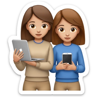 two brown haired girls, looking professional maybe leaned on each others back and looking forward and using phones, with longer hair and with some cute clothes without ties, one girl can hold lap top another one can hold the phone sticker