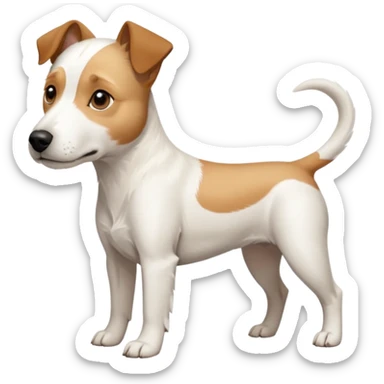 a full body facing front on of a buff white parson russell terrier looking dog the size of a kelpie with light brown long ears resting on its face and a light brown patch above one eye and a large snout. the rest of the dog is completely white.  sticker