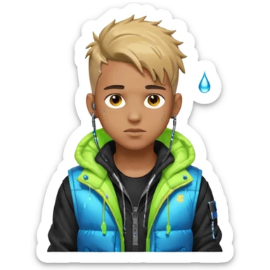 Cyberpunk street kid, male, messy undercut, puffer vest over hoodie, glowing earpiece, light stubble, brown eyes, neon reflections, raindrops, dark background. sticker