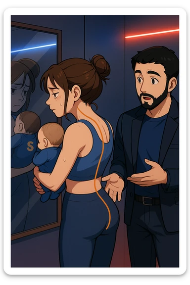 ispirati a questo stile di disegno e fai questa immagine in versione manga/webtoon a colori, il manga mostra la donna che si guarda alla specchio preoccupata di profilo con la postura sbagliata e incurvata, spalle chiuse e curve in avanti, con un neonato in braccio con una tutina azzurra e la scritta "S" sulla schiena, spina dorsale storta della donna in evidenza mentre al suo fianco anche l'uomo guarda la donna riflessa nello specchio e le spiega una cosa, ma non fare i fumetti, fai come se stessero parlando sticker