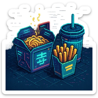 cyberpunk futuristic, 3d isometric, item image, video game item, inventory icon, the image depicts a small box of takeout, takeaway, chinese takeout food, delivery food. futuristic drive-through, fries, bag and drink. dystopian. pixelated retro video game graphics sticker