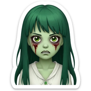 uma garota zumbi assustadora da pele verde e com cabelo preto longo com franja e a roupa branca sticker