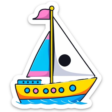 A cartoon toy sailboat with a beaming happy face, colorful sails and tiny portholes sticker