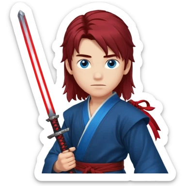 A 14 year old with red glowing katana and his hair be long and eye colour of blue make it boy  sticker