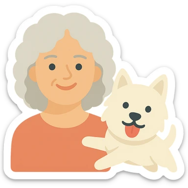 Make the Westie dog playful, with an energetic pose or playful expression, keep the 50-year-old lady with silver curly hair smiling sticker