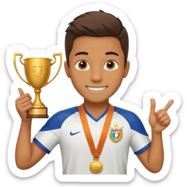 Happy light soccer player with a first-place medal and a trophy
 sticker