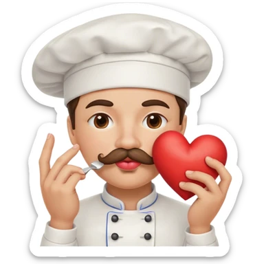 Happy puckered lips emoji with mustache wearing chef hat kissing emoji heart at pinched fingers emoji sticker