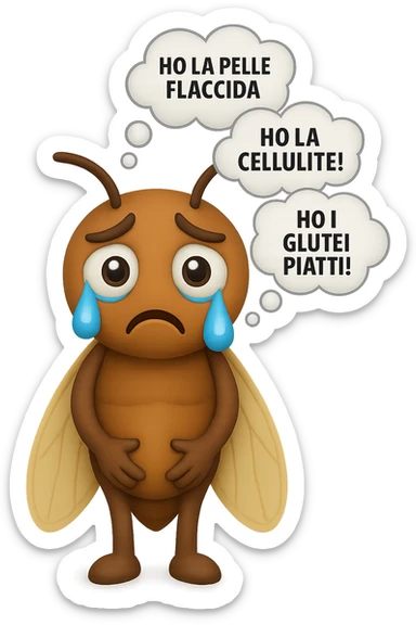 EMOJI STILE IPHONE 3D DI una cicala triste che si tocca le cosce e piange perché non le piace il suo fisico, posa frontale, fagli anche la parte bianca degli occhi, non solo la pupilla, sulla testa della cicala aleggiano i pensieri "HO LA PELLE FLACCIDA", "HO LA CELLULITE!", "HO I GLUTEI PIATTI!" sticker