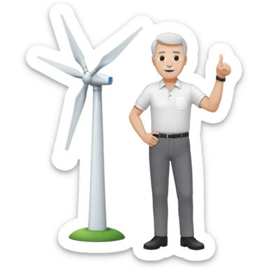 an older white man with grey hair and a white shirt and black pants doing a thumbs up pose, standing next to a single silver wind turbine sticker
