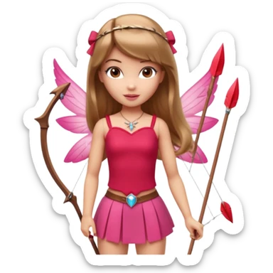 Hada sexy cupido pequeña  de cabello largo lacio castaño claro con flequillo y ojos cafés  vestida de top y falda roja y con arco y flechas cabello lacio labios rosas tipo Barbie pero en hada cupido sticker