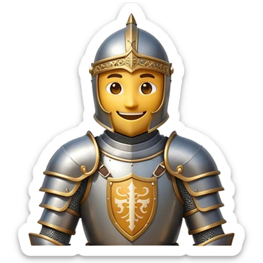 Clash of Clans aesthetic Cheerful Knight Portrait Emoji, With a radiant smile and an upright, confident stance, featuring an elegantly armored figure with intricate detailing and shining accents, his face in a natural skin tone, Simplified yet expressive features, highly detailed, glowing with a soft, luminous aura, high shine, upbeat and noble, stylized with an air of classic medieval heroism, soft glowing outline, capturing the essence of a cheerful knight ready to embark on legendary adventures! sticker
