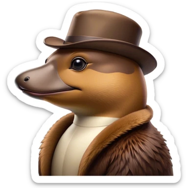 Cinematic Noble Platypus Portrait Emoji, Poised and regal, with a uniquely streamlined build and a sleek brown fur, a distinctive flat duckbill and broad, beaver-like tail, deep-set soulful eyes full of wonder, Simplified yet sharp and sophisticated features, highly detailed, glowing with a soft, dignified glow, high shine, intelligent and enigmatic, stylized with an air of aquatic curiosity, focused and attentive, soft glowing outline, capturing the essence of a watchful and confident oddity, so majestic it feels as though it could glide out of the screen with effortless authority! sticker
