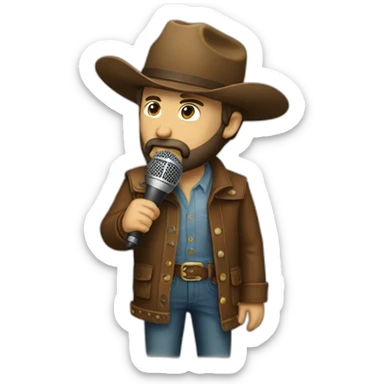 A bearded man stands holding a rodeo mic sticker