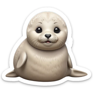 Cinematic Cute Baby Seal Portrait Emoji, Head tilted playfully and inquisitively, featuring a charming, pudgy body with velvety, damp fur, oversized round eyes brimming with innocent wonder, and a soft, cuddly face, Simplified yet irresistibly adorable features, highly detailed, glowing with a warm, frosty glow, high shine, affectionate and lively, stylized with a touch of whimsical polar magic, soft glowing outline, capturing the essence of a mischievous yet loving baby seal that seems as if it could waddle out of the screen into your arms! sticker