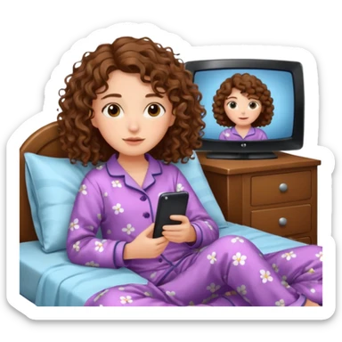 Draw a girl with shoulder-length curly hair, lying in bed watching TV, but make her look at the TV. sticker