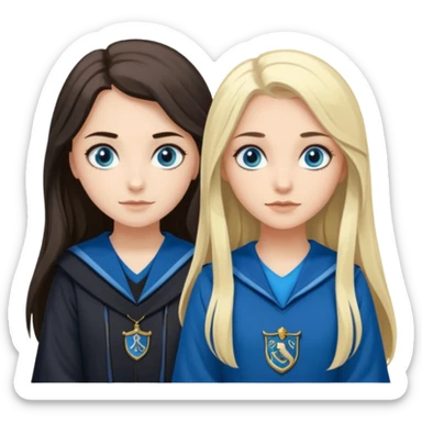 a pretty ravenclaw girl with long dark brown hair and blue eyes standing with a pretty Slytherin girl with long blonde hair, blue eyes sticker
