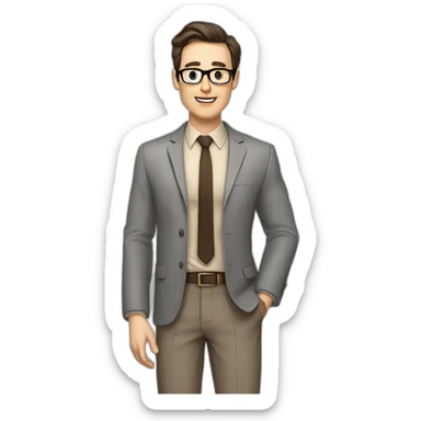 Pale skinned fit man with dark brown hair in gray jacket, beige office shirt, brown tie, brown pants and vintage glasses Writing text on the flipchart sticker