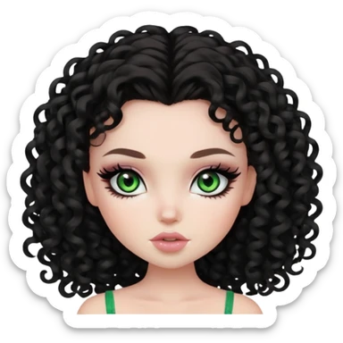 curly dark hair, pale skin, green eyes, pretty bratz baddie, black eyeliner, blush sticker