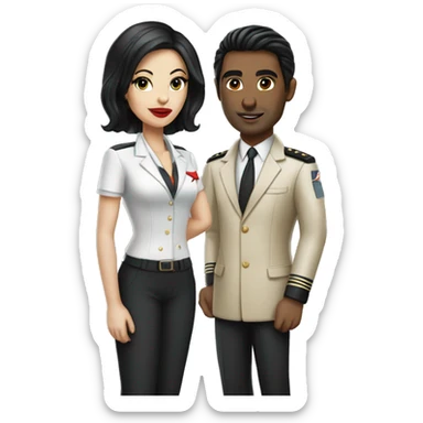 Flight attendant with long black hair, red lips and white skin with a pilot man with beige skin and black hair sticker
