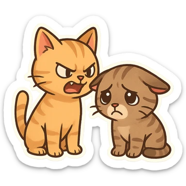 Cat meme expression, a yellow cat is angry and fierce to another tabby cat, the tabby cat looks aggrieved with its ears down sticker