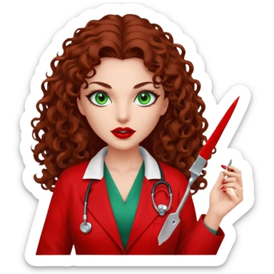 Lilith symbol seductress evil woman. She has green eyes.  had brown long curly hair.  evil surgeon kills with scalpel wears red sexy doctor coat with red mouth cover sticker