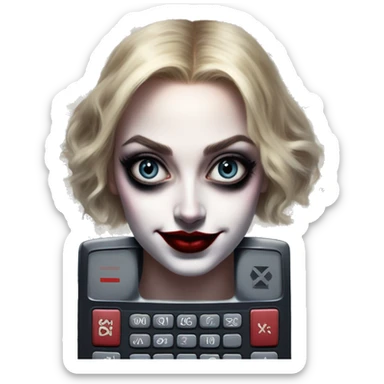 Calculator in Harley Quinn style, oil paint, mysterious eyes, intricate lips, masterpiece portrait, odd perspective, beautiful, desirable, logical sticker