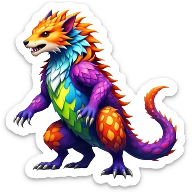 a vibrant colorful edgy vernid-fionbri-creature with splashed-scale-patterns full body sticker
