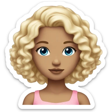 Tan skin, ocean blue doll eyes, blonde curly long hair, feminine, pink dress , girl, angelic sticker
