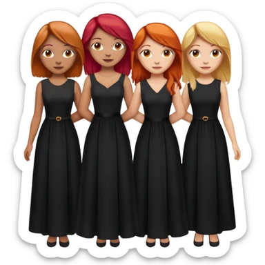 Can you create an image of 3 friends together one with red bright hair light skin one the other with brown hair with some blonde highlights in the hair fair skin the last one with light brown a tint of orange hair and black long hair with brown with dresses dark hair on one sticker