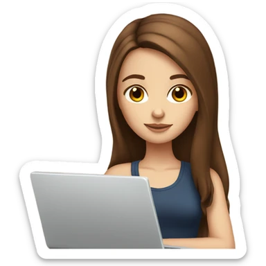 White girl with long brown hair and brown eyes with laptop sticker