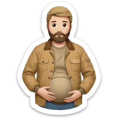 Bearded man rubbing pregnant belly poking out of shirt wearing a tan canvas carhartt jacket sticker