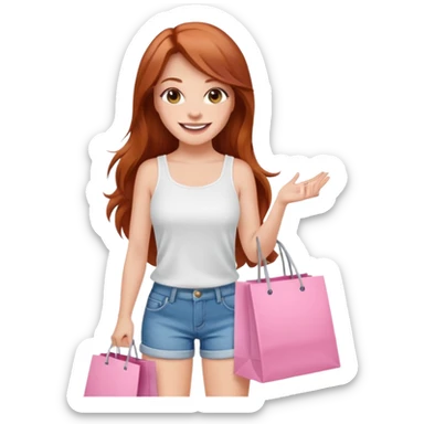 Mujer joven blanca de contextura media sonriendo con cabello largo cobrizo vestida con top blanco y short de jean con bolsas de compras color rosa sticker