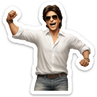 Shah Rukh Khan's iconic pose is often associated with him standing tall with his arms wide open, palms facing up, usually with a charismatic smile. sticker