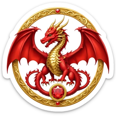 Golden Dragon with wings crest/brosch in a circle with red gems sticker