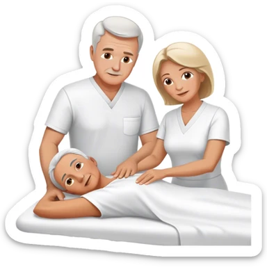 60-year-old white man dressed in white tunic giving massage to a 60-year-old white woman sticker