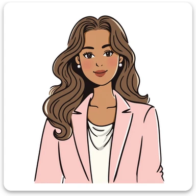 A 30-year-old woman with tanned skin, light brown long wavy hair with curled ends, delicate face, almond-shaped eyes with smoky foxy eye makeup, brown eyes, wearing a light pink elegant blazer and white satin cowl neck blouse with thin straps sticker