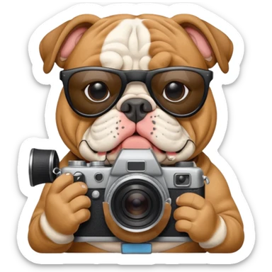 English bulldog tour guide with sunglasses and a camera sticker