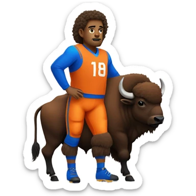 Bison wearing an orange and blue jersey sticker