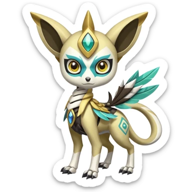 Arrow-patterned chevron-marked Cute Big-eyed anime-styled Colorful Shiny Tribal Skeletal masked armored Meloetta-Silvally-Solgaleo-Raikou-Pokémon-Digimon-Fakémon-fusion-hybrid-creature, full body sticker