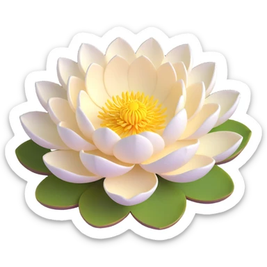 Realistic white lotus flower with detailed layered cream-white petals and bright yellow stamens, floating on accurate lotus pad with characteristic notch and bowl shape sticker