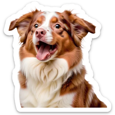 Cinematic Cute Yawning Red Merle Australian Shepherd Portrait Emoji, Head tilted slightly with a dramatic, wide-open yawn, soft red merle fur with subtle white accents, floppy ears slightly drooping, round amber eyes barely open in drowsy contentment, Simplified yet irresistibly adorable features, highly detailed, glowing with a soft, cozy glow, high shine, relaxed yet expressive, stylized with a touch of whimsy, bright and endearing, soft glowing outline, capturing the essence of a sleepy yet affectionate pup, so drowsy it feels like it could stretch right out of the screen and curl up for a nap! sticker