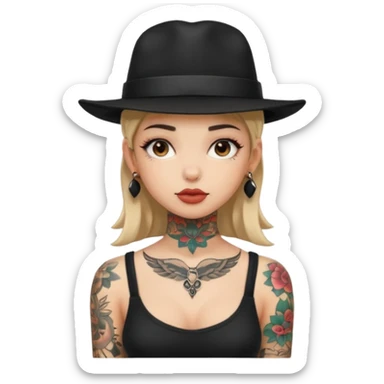 girl have tattoo on her full neck and full body with black hat sticker