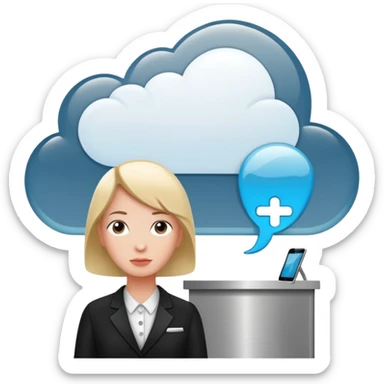 A thinking person with a thought cloud showing a modern hotel reception sticker