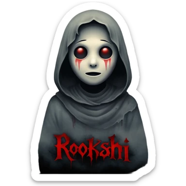 Dark horror wallpaper, 1080x2400, smoky grey charcoal background, subtle eerie light, misty fog, floating dust ("dhoasha dhoasha"), centered text "ROJONI" in distressed horror font, faint red smears, cinematic grain, spooky vibe --ar 9:20 --v 5 sticker