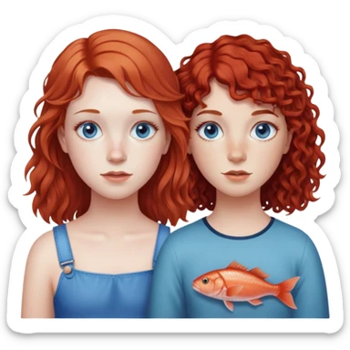 Two girls, one with a dark red mullet with a little fringe, pale skin and freckles. The other girl has brown curly hair with blue eyes and they’re both pale sticker