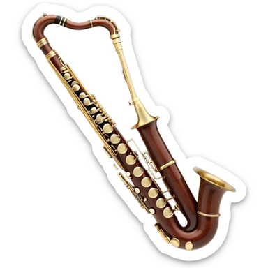 Create an elegant and detailed emoji representing a professional Yamaha bassoon. The design should feature the sleek wooden body of the bassoon with its rich wood tones, showing the intricate keywork and metal springs. The metal tubing of the instrument should be clearly visible, with polished brass accents. Highlight the bell and the distinctive, curved shape of the instrument. The mouthpiece and reed should be visible at the top, emphasizing the functional details. Use warm wood tones like dark brown, with gold and brass accents for the keys and fittings. Add soft musical notes or soundwaves to represent the deep, resonant sound of the bassoon. The background should be transparent. sticker